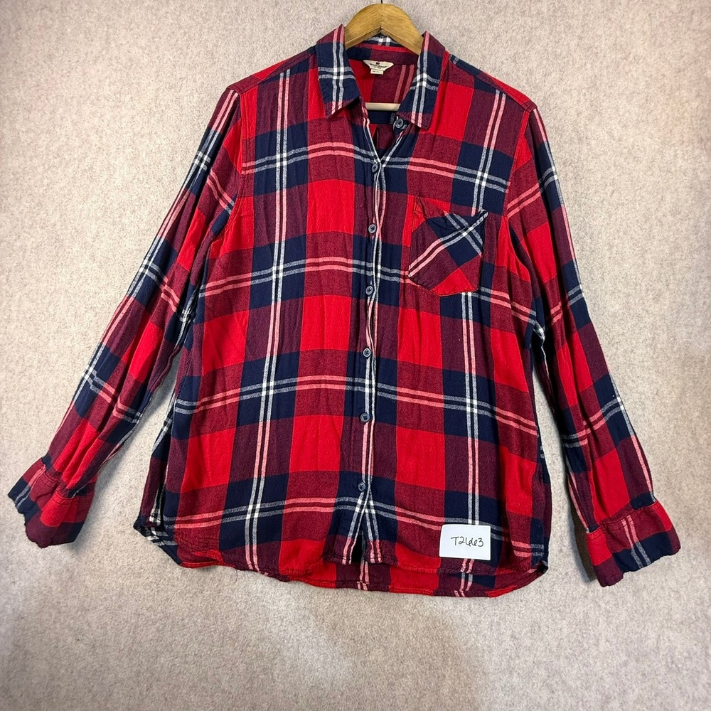 Woolrich Womens XL Red Navy Blue Plaid Flannel Button Down Shirt Long Sleeve